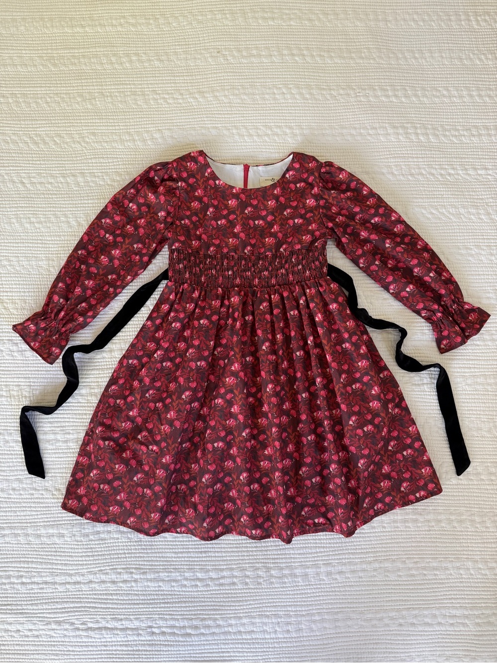 Wren & James Smocked Waist Floral Print Maroon Long Sleeve Dress Girls Size 7